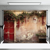 Lofaris Rustic Christmas Photography Backdrop Vintage Red Door with Berry Garland Old Wall Studio Photo Prop Decor